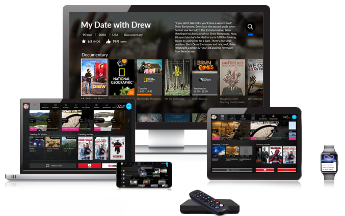 FHD IPTV streaming on multiple devices including smart TVs, smartphones, tablets, and Firesticks.